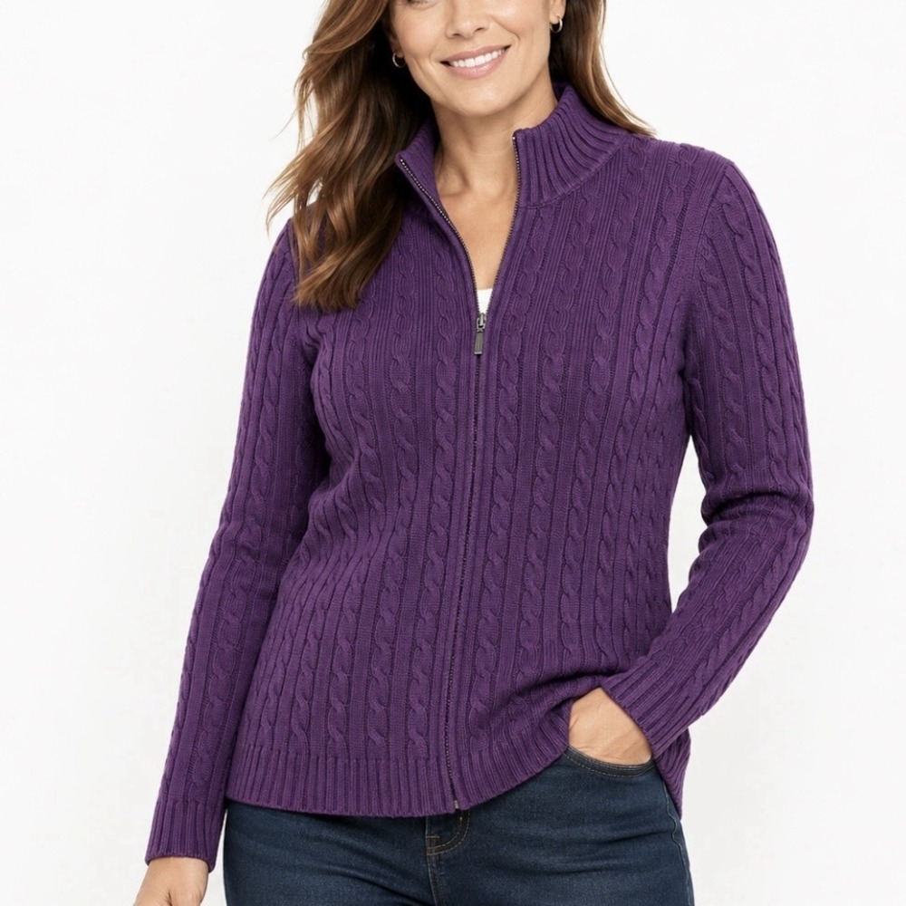 LL Bean Purple Mock Neck Full Zip Cable Cotton Cardigan Sweater Size SMALL